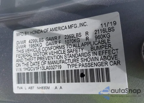 2020 Honda Accord Lx из США, поврежденный, VIN 1HGCV1F13LA032719